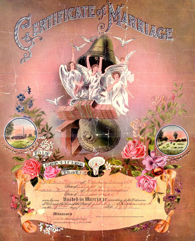 Alte Heiratsurkunde mit einem Mann und einer Frau, verziert mit floralen, vogel- und blattförmigen Illustrationen, beschriftet mit 'Urkunde der Ehe'.