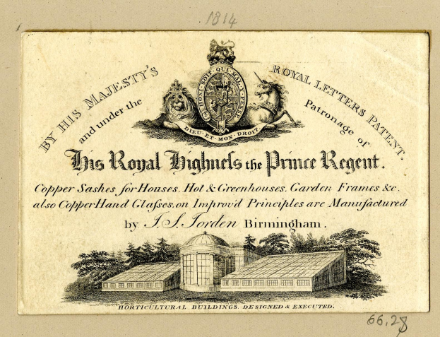 Alte Visitenkarte für 'The Royal Highmills of the Prince Regent' mit einem Bild eines Gebäudes mit Bäumen und einem Logo.