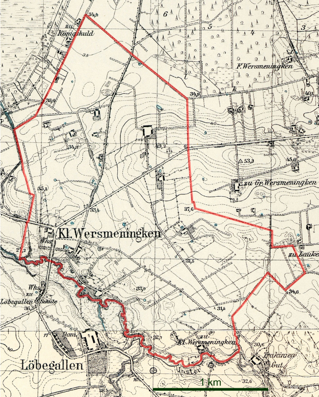 Eine topografische Karte von Wersmeningen mit einer roten Linie, die den vorgeschlagenen Standort markiert, auf Papier gedruckt.