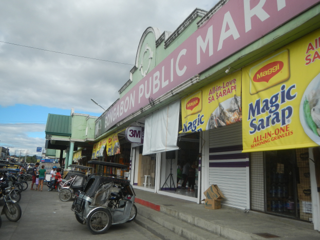 Eine belebte Stadtstraße mit parkenden Fahrzeugen, Fußgängern, Gebäuden, Strommasten, Bäumen und einem bewölkten Himmel, mit einem Geschäft mit einer Tafel, auf der "Bongabon Public Market" steht, im Vordergrund.