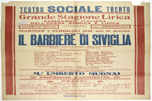 Plakatankündigung für ein Konzert im Teatro Sociale Trento in Rom, Italien, mit Text zur Beschreibung des Ereignisses.