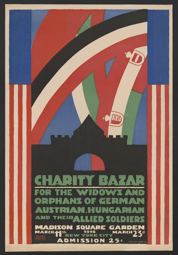 Plakat für eine Wohltätigkeitsbasar, der Witwen und Waisen deutscher, australischer, ungarischer und alliierter Soldaten unterstützt, mit Ereignisdetails im Text.