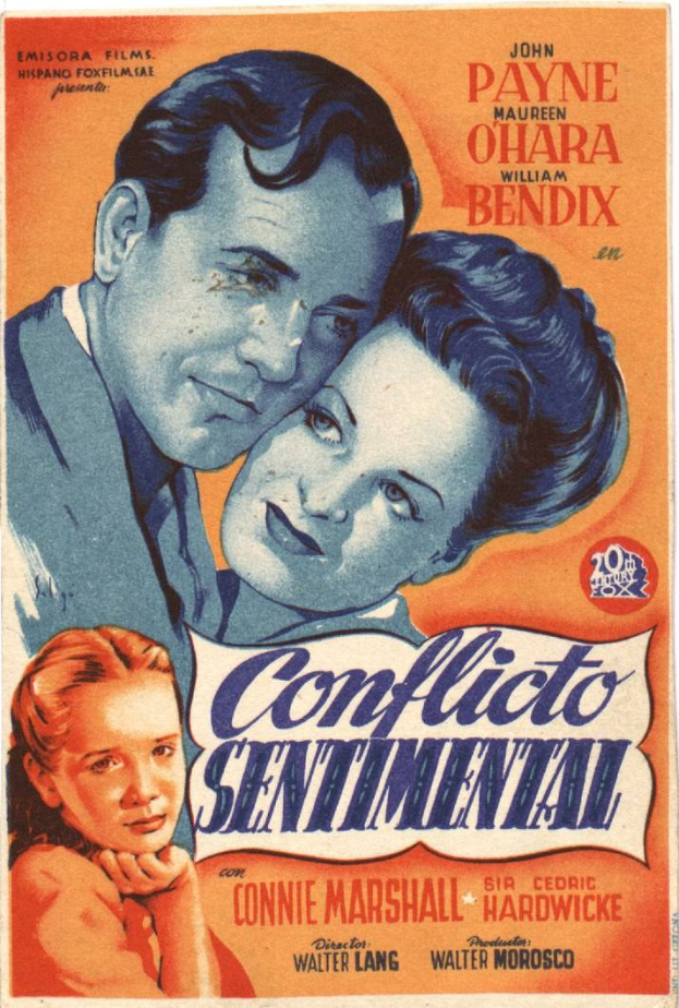 Filmplakat für "Conflicto Sentimental", das einen Mann in einem schwarzen Anzug und einem weißen Hemd und eine Frau in einem smaragdgrünen Kleid zeigt, die nebeneinander vor einem tiefblauen Hintergrund mit Sternen stehen.