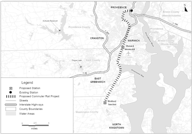 Schwarz-weiß-Karte einer Stadt mit einem Fluss, beschriftet mit "Vorgeschlagenes S-Bahn-Projekt" auf der linken Seite, zeigt Straßen, Autobahnen und andere Merkmale.