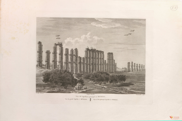 Ein altes Buch mit einer Zeichnung der Ruinen des Tempels von Olympie Zeus, umgeben von Bäumen und Menschen, mit einem bewölkten Himmel und fliegenden Vögeln und Text unten.