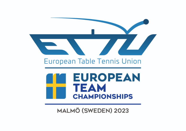 Das Logo der Europäischen Tischtennis-Union (ETTU) zeigt einen blauen Kreis mit einem weißen Tennis-Schläger in der Mitte, umgeben von einem weißen und blauen Rand, mit der Schrift "Europäische Mannschaftsmeisterschaften" darunter in fetter, schwarzer Schrift.