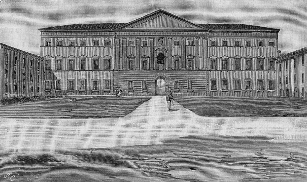 Schwarze und weiße Zeichnung des Houses of Commons-Gebäudes in London, England, mit Menschen, die davor gehen und Text unten, der den Standort identifiziert.