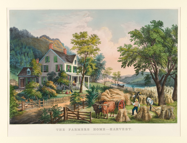 Ein Gemälde zeigt eine Farm-Szene mit einem Haus, Bäumen, Pflanzen, Gras, Tieren, einem Wagen, Menschen, einem Zaun, Wasser, Hügeln und einem bewölkten Himmel, mit der Aufschrift "Die Farmers Home Harvest" unten.