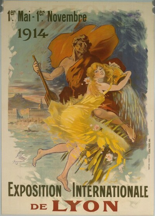 Ein Vintage-Plakat, das die Internationale de Lyon 1914 Ausstellung bewirbt, mit einem Mann mit einem Stock und einer Frau mit einem Schirm, zusammen mit den Ereignisdetails.