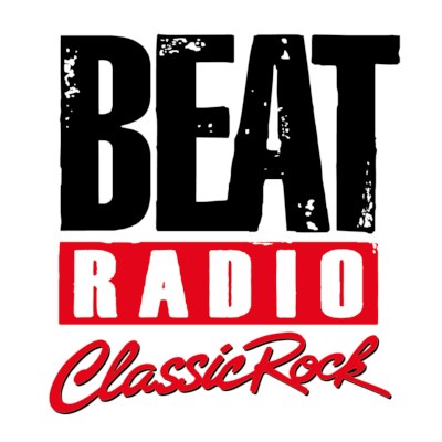 Plakat mit fettem schwarzen Text "Beat Radio Classic Rock" auf weißem Hintergrund, umrahmt von einem hellgelben Rand und einem schwarzen äußeren Rahmen.