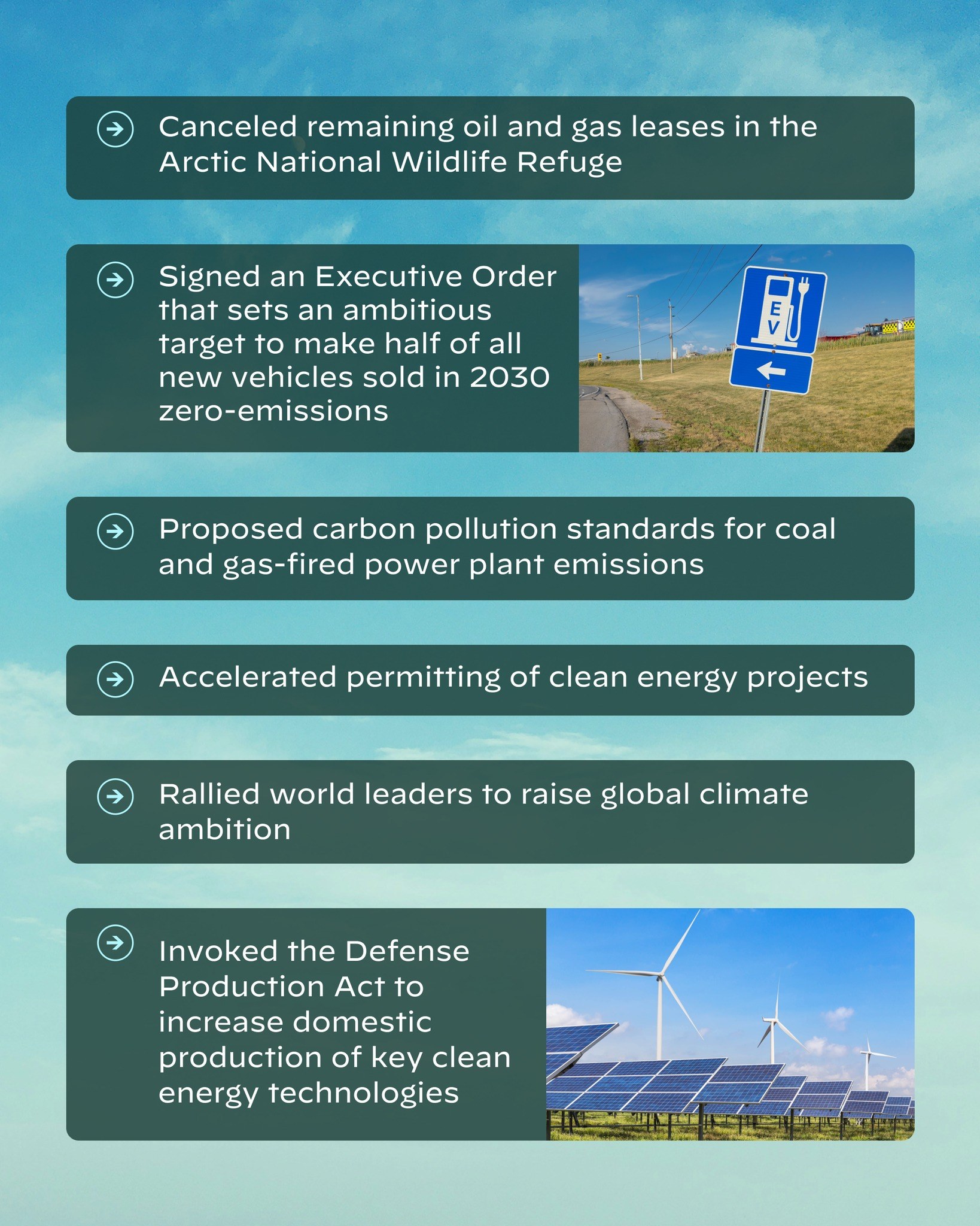 Plakat mit Text "Abgesagte verbleibende Öl- und Gasförderlizenzen im Arctic National Wildlife Refuge" mit Bildern von Solarpanelen, Windrädern und einem bewölkten Himmel.