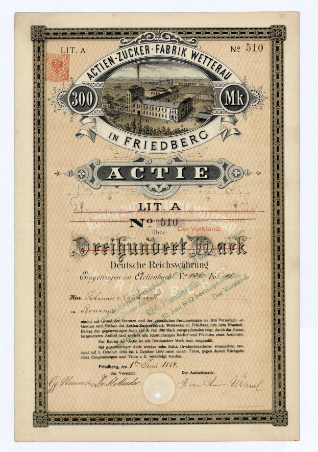 Altes deutsches Aktienzertifikat mit einer Gebäudeillustration und Text, möglicherweise indicarnd aktiv Status.