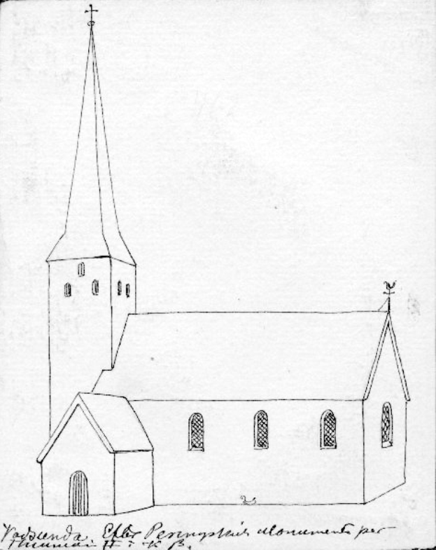 Eine Zeichnung einer Kirche mit einem Turm, einem Glockenturm und Fenstern, die sich in Leipzig, Deutschland befindet, mit Text auf dem Papier.