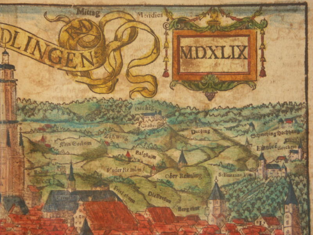 Ein altes, detailliertes Stadtplan von Dlingen, Deutschland, mit verschiedenen Geb├Ąuden, ├╝ppigen gr├╝nen B├Ąumen und dekorativem Text, das die Stadt und die umliegende Landschaft zeigt.