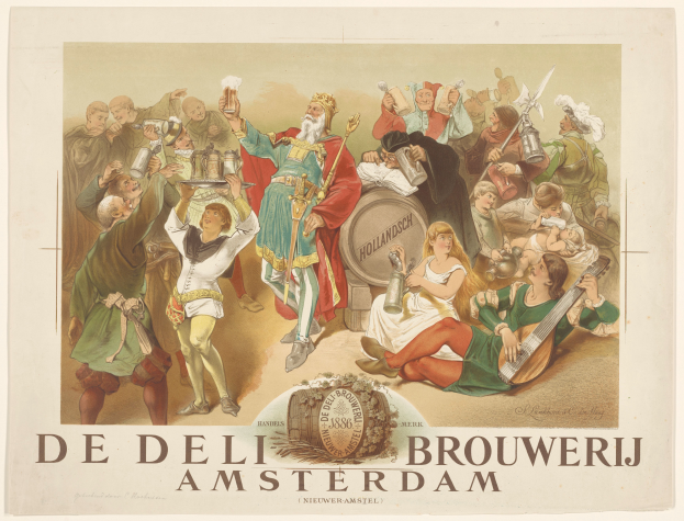 Ein Plakat, das Bier in Amsterdam bewirbt und eine Gruppe von Menschen zeigt, von denen einige Gläser und andere Gegenstände halten, sowie Text und ein Logo.
