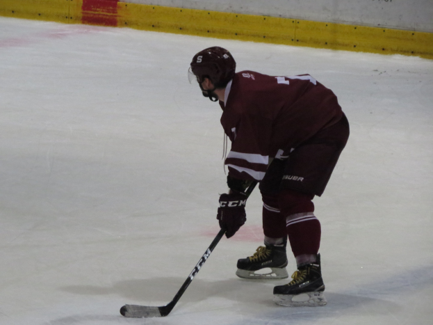 Eishockeyspieler in voller Ausrüstung auf dem Eis mit einem Stock, der einer Wand mit Text im Hintergrund gegenübersteht.