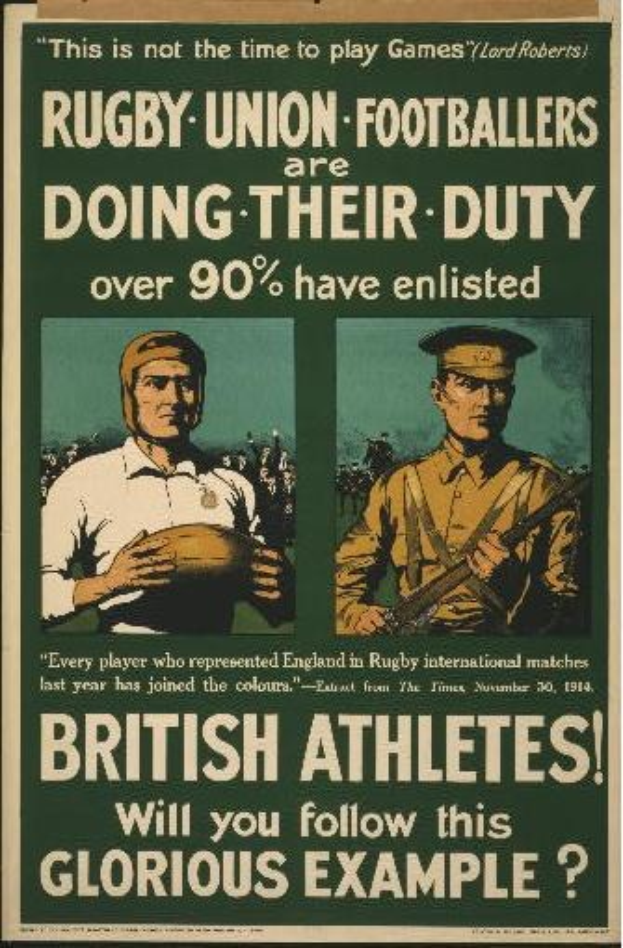 Britische Rugby-Union-Spieler in einem Plakat, das über 90% der Athleten in den britischen Militärdienst einberuft, mit begleitendem Text.