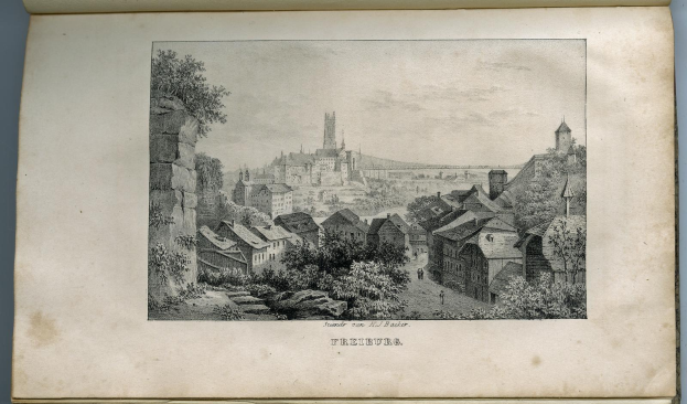 Ein altes Buch mit einer Schwarz-Weiß-Illustration von Freiburg, Deutschland, mit einer Stadtansicht, einem Schloss, Gebäuden, Bäumen, Menschen und einem sichtbaren Himmel, mit Text auf dem Buch.