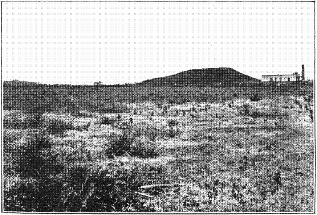 Schwarzes und weißes Foto eines Feldes mit einem Hügel im Hintergrund, einem Gebäude auf der rechten Seite und einem Himmel oben, mit Text unten, der "New York State Penitentiary" lautet.