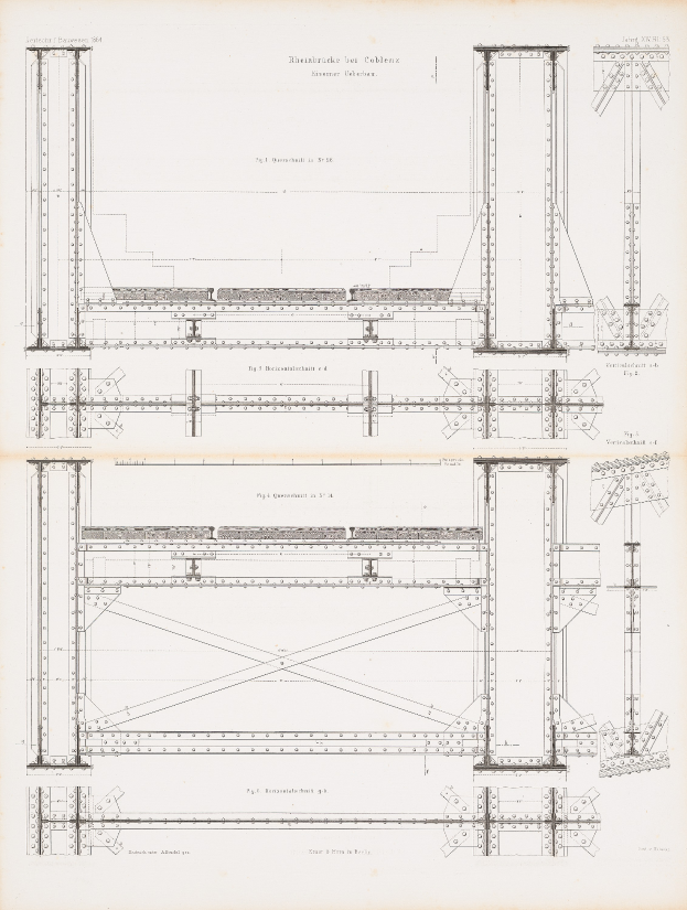 Ein detaillierter Konstruktionsplan einer Brücke in einem Buch, der Balken, Kabel und andere Bauteile zeigt.