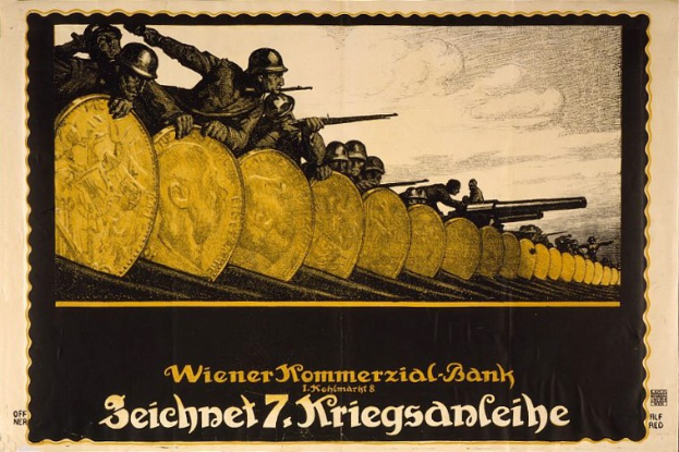 Deutsches Propagandaplakat aus dem Zweiten Weltkrieg, das Soldaten in Helmen mit Waffen zeigt und den Text "Wiener Kommerzialbank" am unteren Rand trägt.