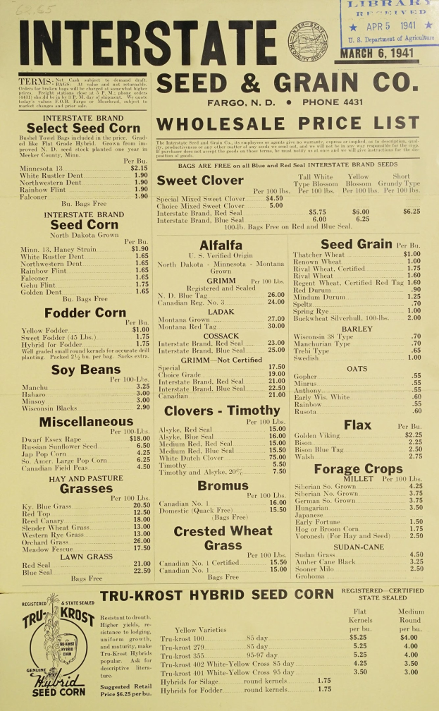 Papier mit der Überschrift "Interstate Seed & Grain Co. Wholesale Price List" und einem Logo oben, das eine handgeschriebene Einkaufsliste enthält.