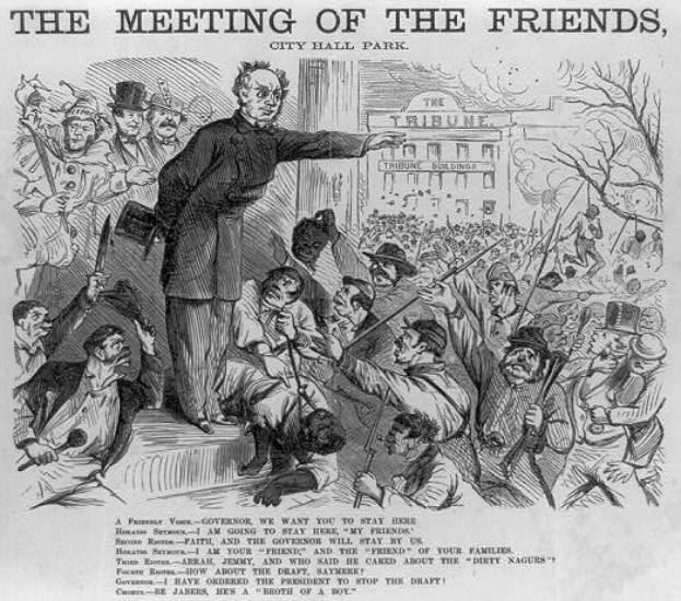 Eine handgezeichnete Abbildung auf Papier mit der Überschrift "Die Versammlung der Freunde, City Hall Park" zeigt eine Gruppe von Menschen, einige mit Waffen, und ein Gebäude im Hintergrund.