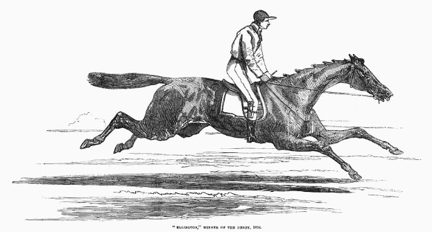 Eine Schwarz-Weiß-Zeichnung eines Jockeys in Hut und langem Mantel auf einem galoppierenden Pferd, mit 'Sieger des Derbys 1886' unten.