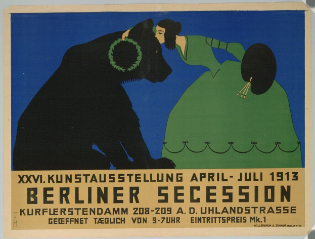 Plakat für die Berliner Secession Ausstellung 1913, das eine Frau und einen Hund mit Text zeigt.