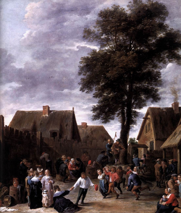 Gemälde mit dem Titel "Der Tanz im Dorf" von Jan Brueghel dem Jüngeren, das eine Hofszene mit Dorfbewohnern, Häusern, Bäumen, einem hölzernen Zaun, einer bewölkten Himmel und fliegenden Vögeln zeigt.