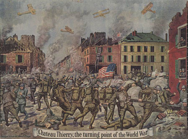 Ein Plakat zeigt eine chaotische Szene von Menschen mit Waffen und einer Fahne, mit Gebäuden im Hintergrund und Flugzeugen am Himmel, mit dem Text "Château-Thierry, die Wende des Ersten Weltkriegs" darunter.