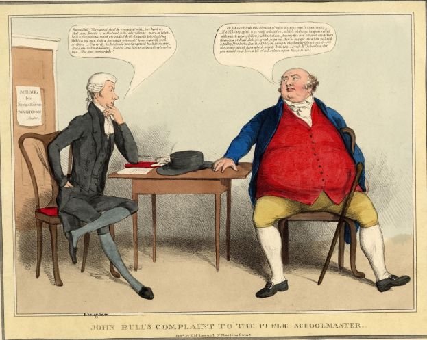 John Bull sitzt einem sitzenden Schuldirektor gegenüber an einem Tisch mit einem Hut und Papieren, während eine Tür und ein wandmontiertes Papier im Hintergrund sichtbar sind.