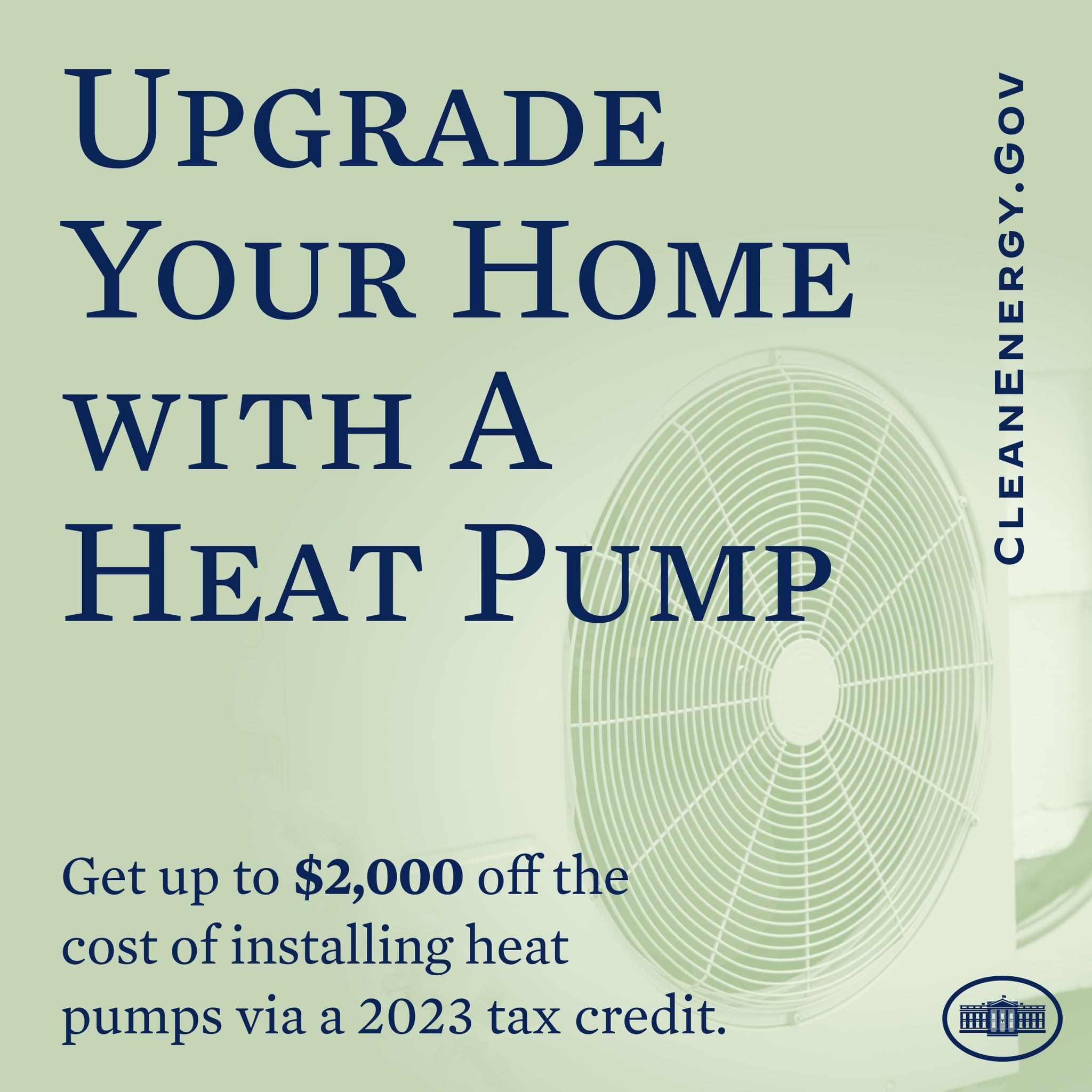 Plakat zur Werbung für den Austausch von Heizpumpen zu Hause, mit einem Bild einer Heizpumpe und dem Text "Upgrade Your Home with a Heat Pump."