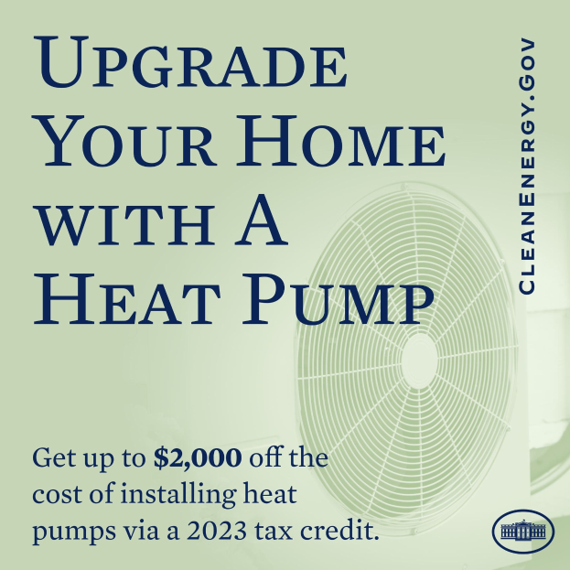 Plakat zur Werbung für den Austausch von Heizpumpen zu Hause, mit einem Bild einer Heizpumpe und dem Text "Upgrade Your Home with a Heat Pump."