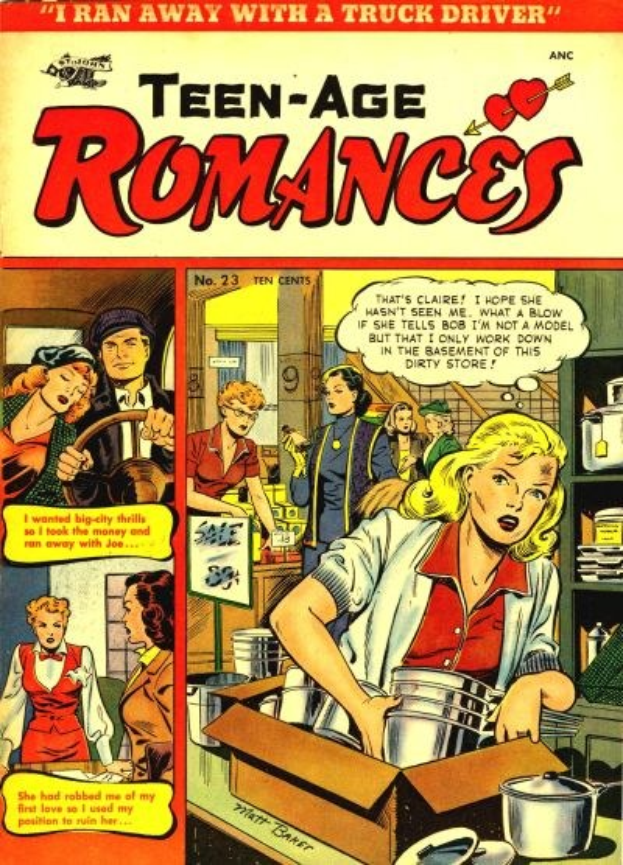 Ein farbenfroher Comicbuchplakat titled "Teen-Age Romances 23-A by DC" showing a group of people in a joyful, romantic embrace with bold text and bright colors.