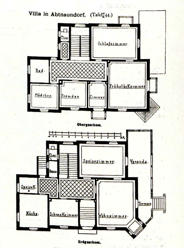 Ein detaillierter Grundriss einer Villa in Abtnaundorf mit zahlreichen Zimmern und Beschriftungen