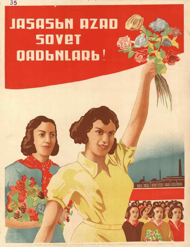 Sowjetisches Propagandaplakat mit dem Titel 'Frauentag', das eine Frau mit Blumen zeigt, umgeben von Menschen und einem Gebäude.