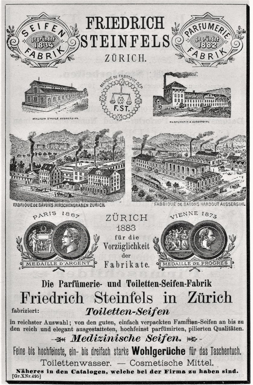 Schwarze und weiße Werbung für Friedrich Steinfels in Zürich, zeigt Bilder von Gebäuden, Menschen und Text.