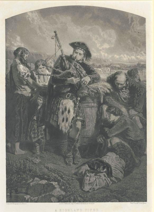 Schwarze und weiße Gravur eines Mannes, der vor einer Gruppe von Menschen eine Dudelsackpfeife spielt, mit einem bewölkten Himmel im Hintergrund und der Inschrift "Ein Highland-Pfeifer" unten.