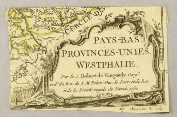 Detailierte alte Landkarte der Provinzen Westphalens auf altem Papier mit begleitendem Text.