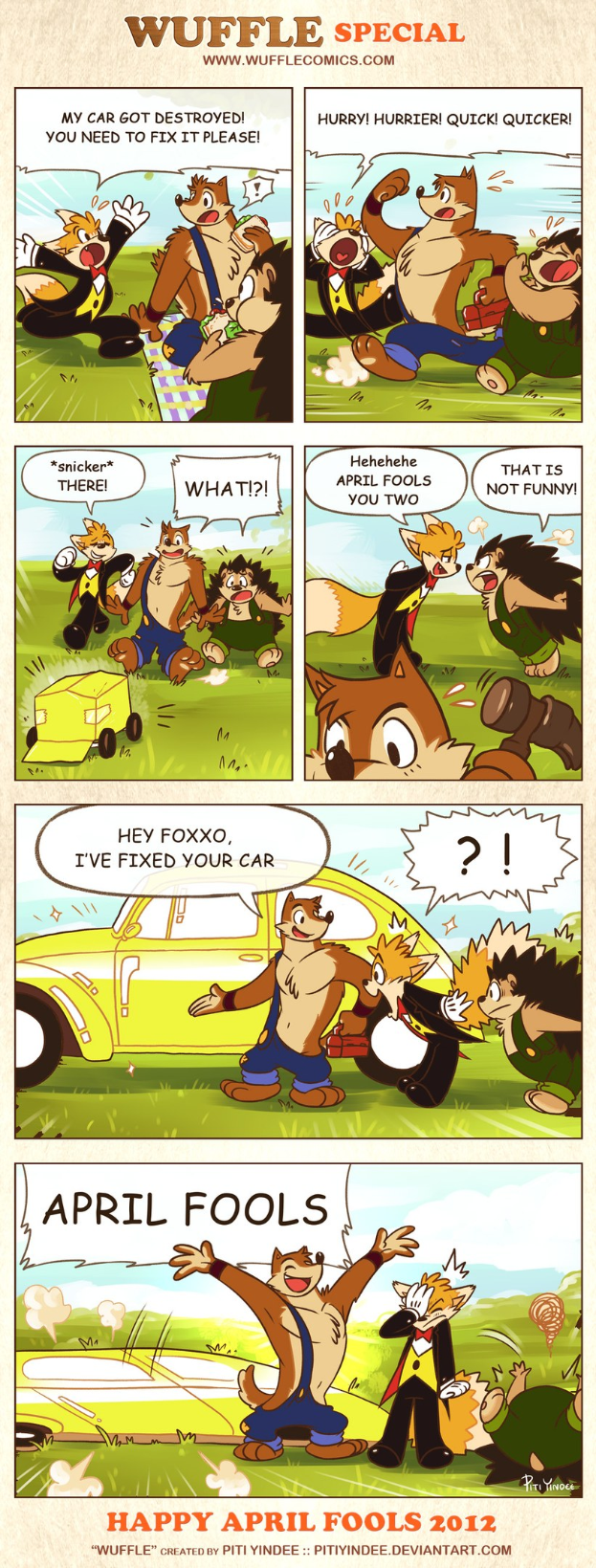 Comicstrip-Plakat mit dem Titel "Aprilscherz", das einen Cartoon-Mann und -Frau in einer Unterhaltung vor einem hellblauen Himmel mit weißen Wolken zeigt.