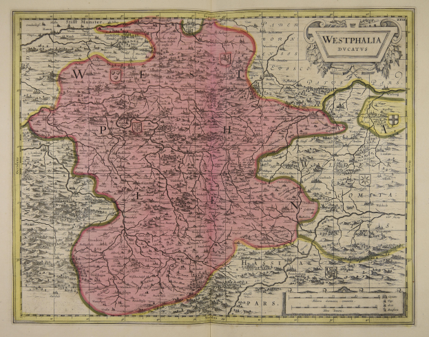 Eine alte Karte von Westfalen, Deutschland, mit den Provinzen des Königreichs England und Wales deutlich sichtbar, auf Papier gedruckt mit detallierten Texten über die Region.